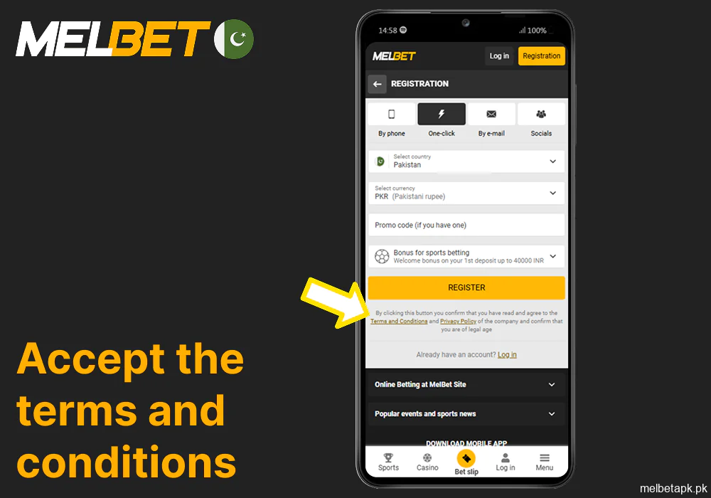 Accept the terms and conditions to register on the Melbet app