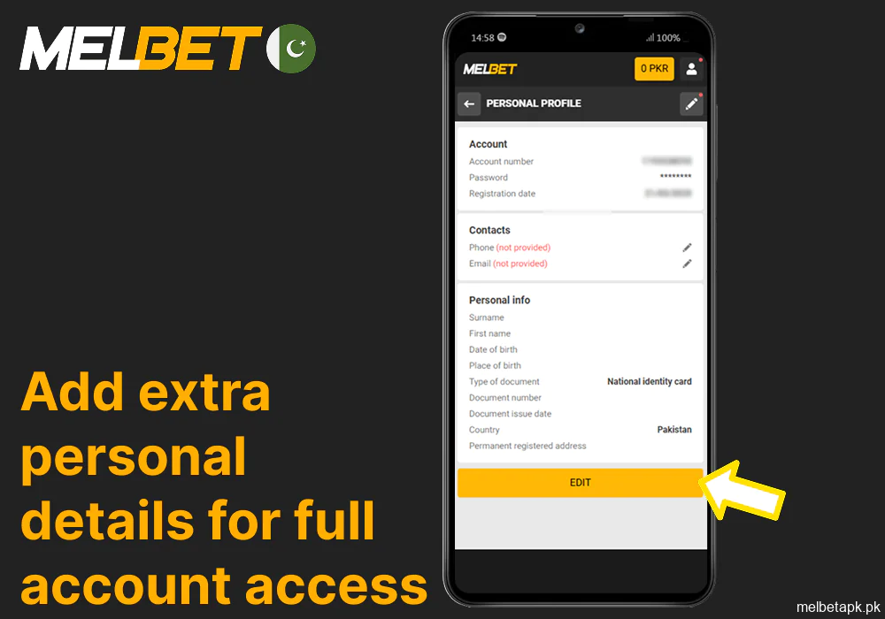Add extra personal on Melbet mobile app details for full account access