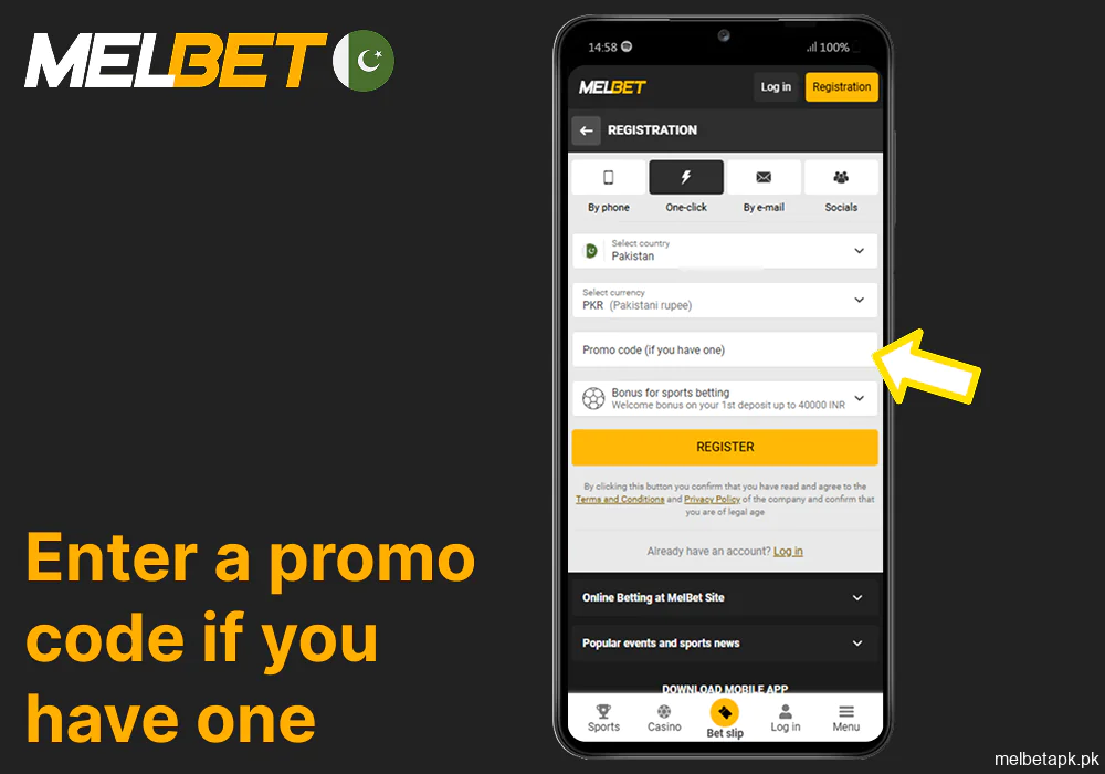 Enter a promo code to register on the Melbet app