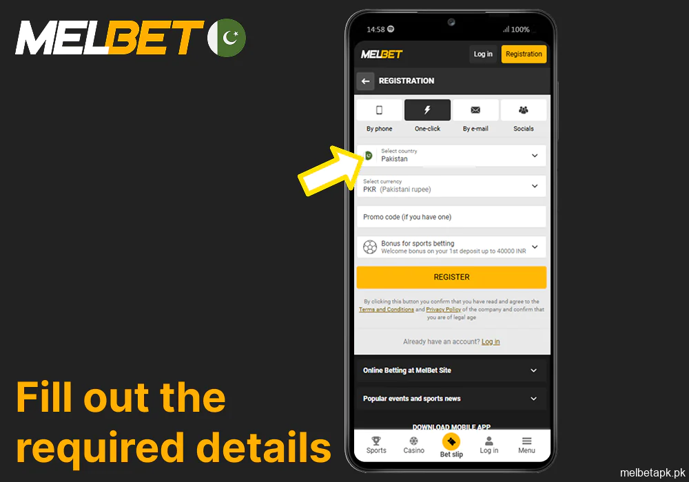 Fill out the required details to register on the Melbet app