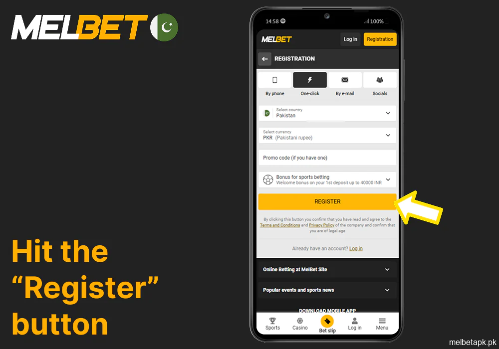 Hit the Register button to finish the Melbet app registration porcess