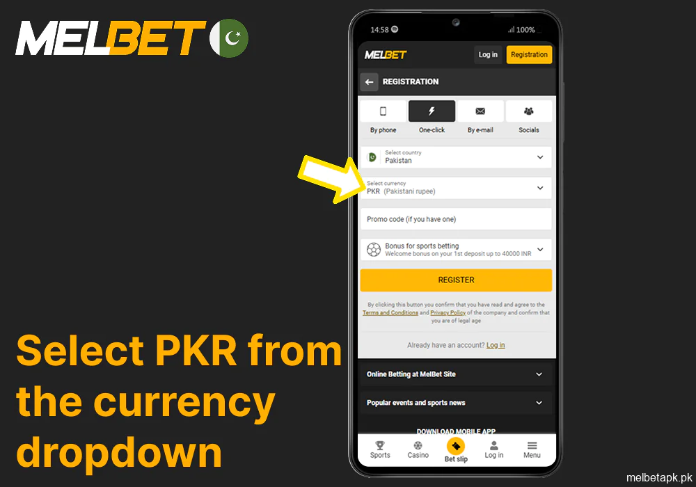 Select PKR from the currency dropdown on the Melbet app