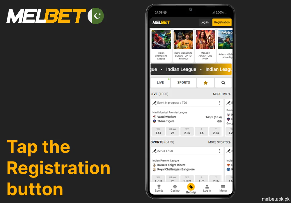 Tap the Registration button on Melbet app