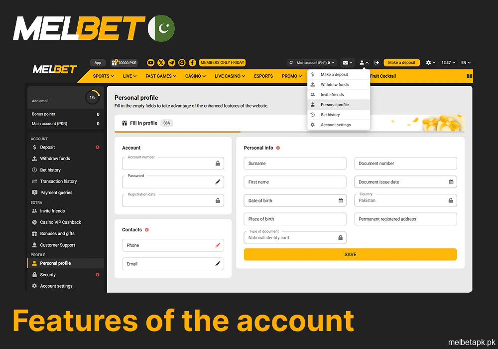 Key features available in a Melbet user account
