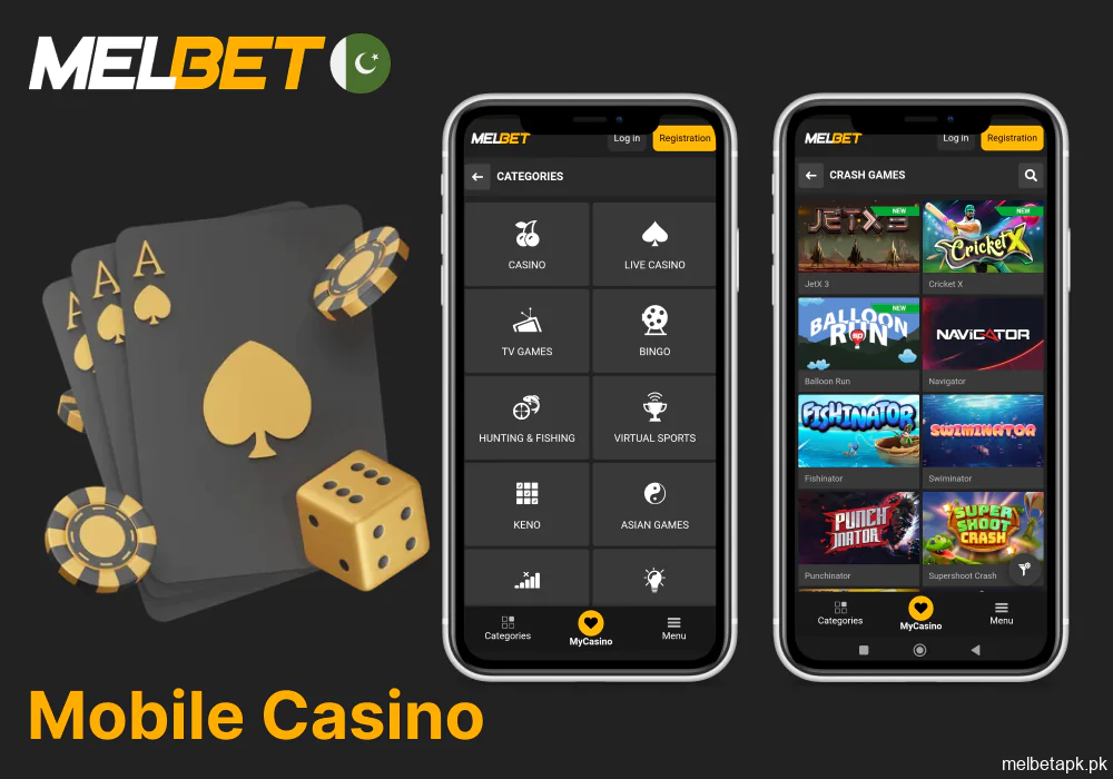 Casino game options in the Melbet mobile app
